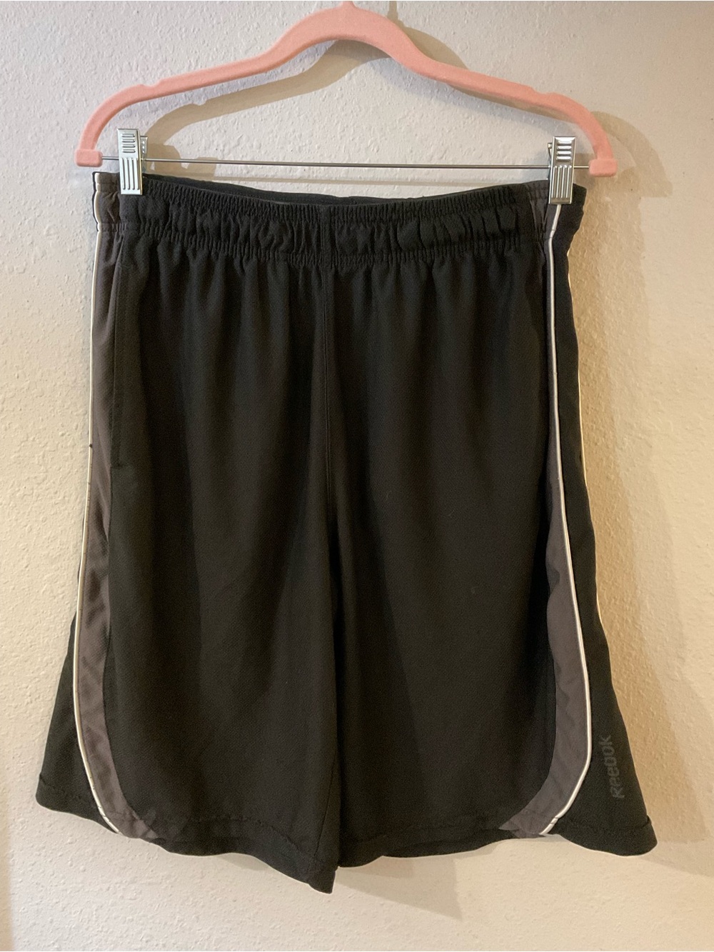 Reebok Black Athletic Shorts with Gray Panels and White Piping